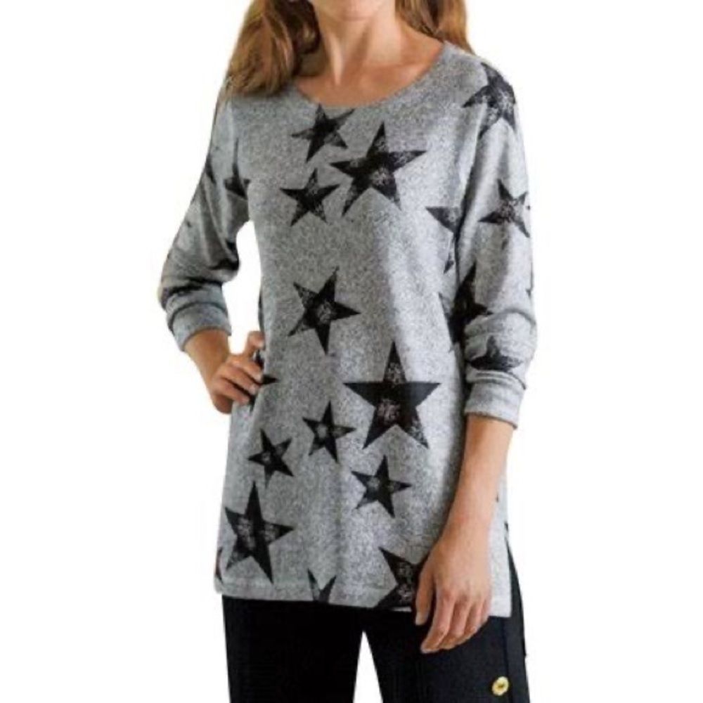 Soft Surroundings Women E’toile Star Novelty Crew Long Sleeve Gray Sweater L